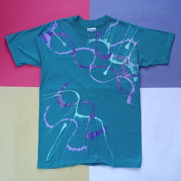 Vintage 90s Abstract Paint Design Glitter Single Stitch T-Shirt Unisex Big Print - Picture 1 of 5